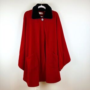 Le Moda Red Fleece Cape Black Collar Pockets Classic Look  / One Size Fits All